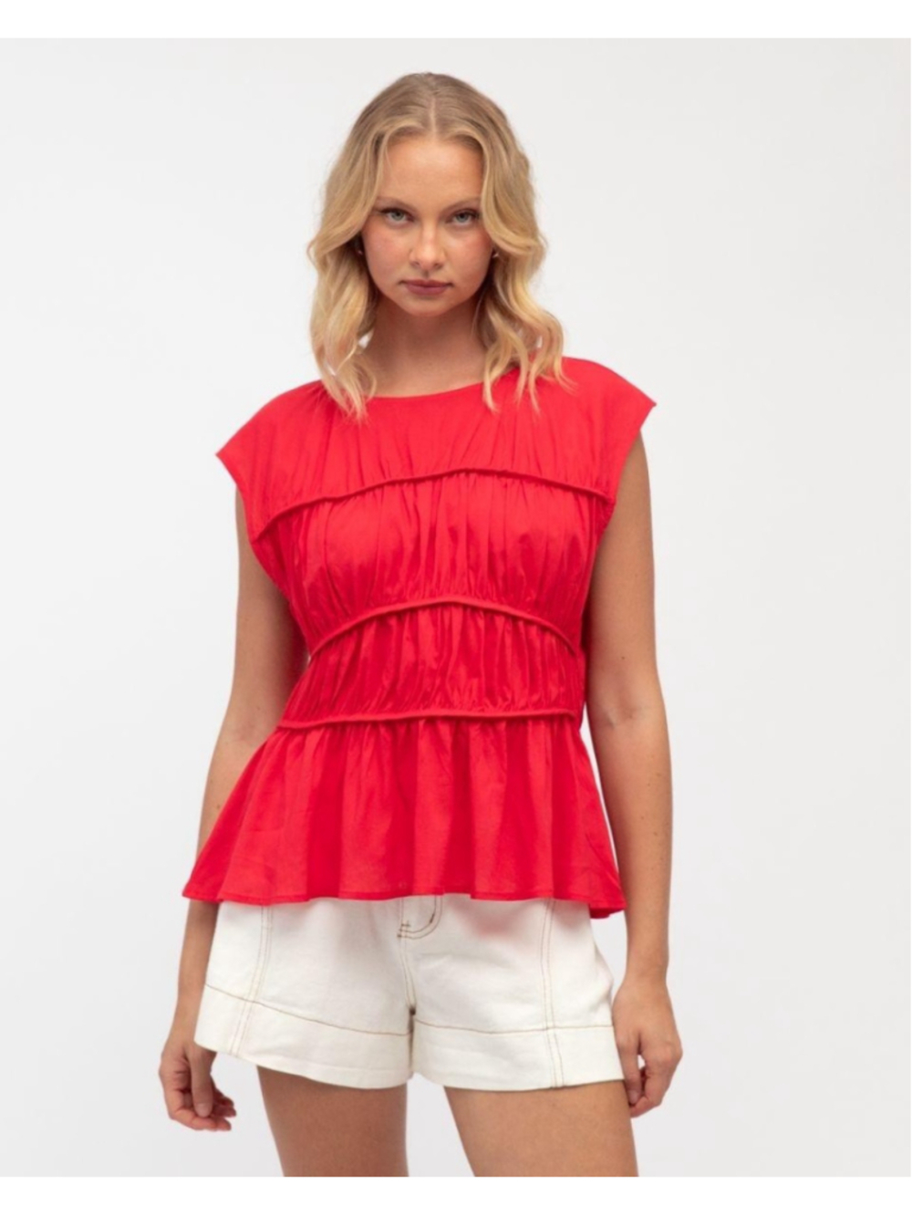 Before You Blouse Womens Large Red Ruffle Sleeveless Tiered Peplum Top Keyhole